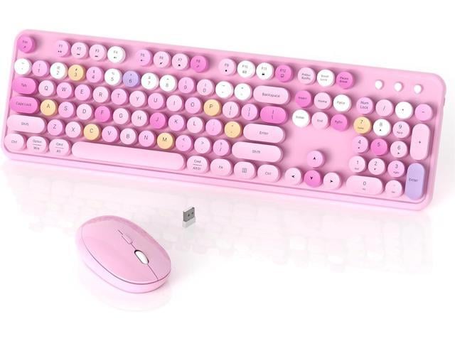 Colorful Wireless Keyboard and Mouse Combo, COVEVA 2.4GHz Wireless Retro Cute Round Keycaps Keyboard, 104 Keys Full-Sized Keyboard Mouse Set with...