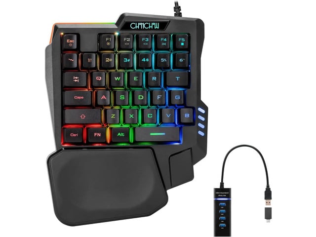 CHONCHOW One Handed Gaming Keyboard, 35 Keys, Rainbow LED, Wired USB, Ergonomic with Wrist Rest, Mini Portable, PS4/PS5/Xbox/PC/Laptop Compatible