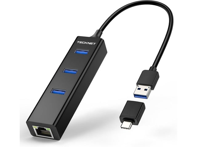TECKNET USB C to Ethernet, Aluminum 3 Port USB 3.0 Hub with RJ45 10/100/1000 Gigabit Ethernet Adapter Converter LAN Wired Network Adapter for Laptop