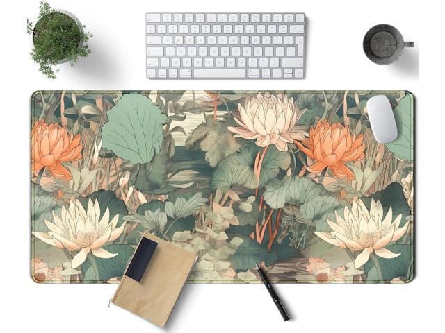 Light Emerald and Orange Floral Desk Mat, XXL Large Extended Mouse Pad Gaming Desk Pad, Aesthetic Asian Lotus Flower Big Laptop Keyboard and Mouse...