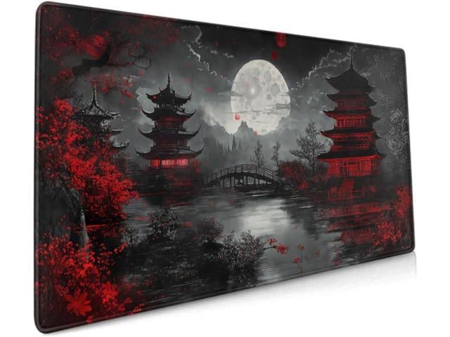 Japanese Mouse Pad XXL 35.4 X 15.7 Inch Black Red Design Style Extended Large Gaming Mousepad Keyboard Full Desk Mat Non-Slip Rubber Base Stitched...