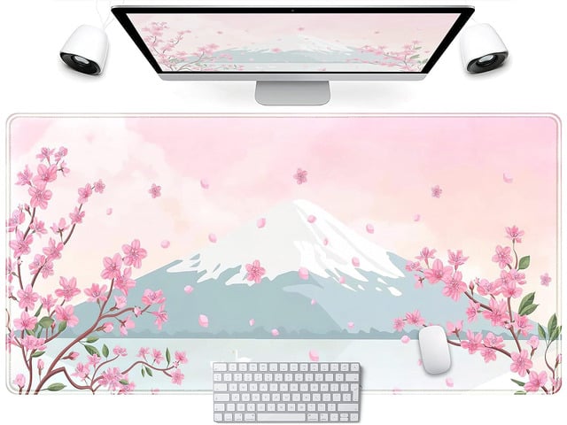 Japanese Desk Mat Pastel Pink Cherry Blossom Mouse Pad Mt Fuji Japan Large Gaming Anime Mousepad XXL 31.5x15.75 in, Kawaii Aesthetic Flower Cute...