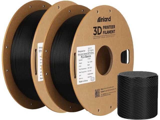 Inland PLA Basics Filament 1.75mm, 1kg Spool Dimensional Accuracy ±0.02mm, Neatly Wound, Fits Most FDM 3D Printers (Black, 2 Pack)