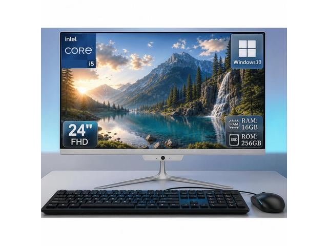 Intel 24 Inch FHD All-in-One Desktop PC, Intel Core i5 3.6GHz, 16GB RAM 256GB SSD, Built-in HD Webcam, Windows 10, White, Wired Keyboard & Mouse