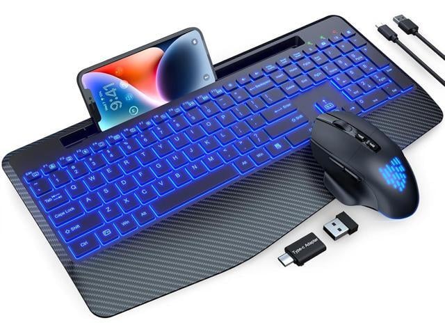 Wireless Keyboard and Mouse Combo, Backlit Scissor Keys, Wrist Rest 7-Color Backlight, Phone Holder, Rechargeable, LED Mouse, Ergonomic Support,...
