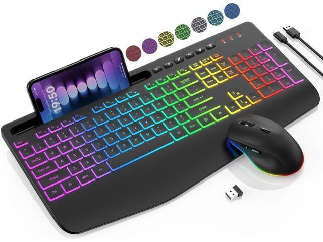 SABLUTE Wireless Keyboard and Mouse Combo - 9 Backlit Effects, 2.4GHz Ergo Wrist Rest, Phone Holder, Full Size, Rechargeable, Sleep Mode, KM22...
