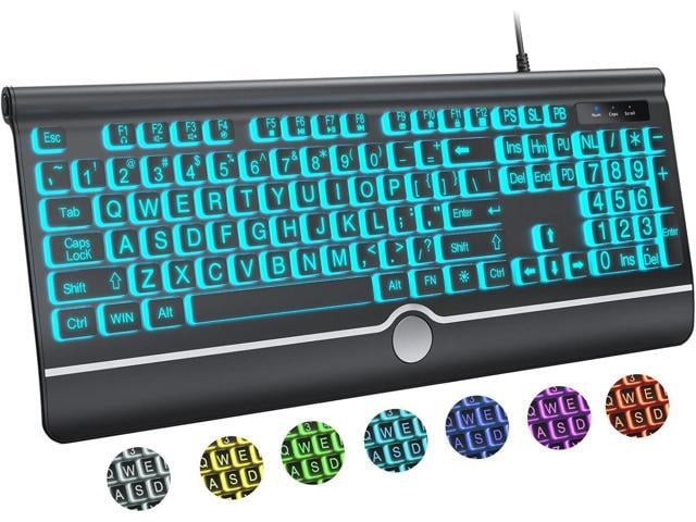 Large Print Backlit Computer Keyboard, USB Full Size Wired Keyboards with 7-Colors Backlight, Wrist Rest, Light Up Keyboard for Windows, PC, Laptop...