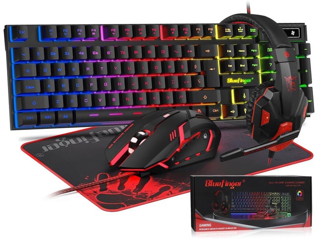BlueFinger RGB Gaming Keyboard and Backlit Mouse and Headset Combo, USB Wired Backlit Keyboard, LED Gaming Mouse Set, Headset with Microphone for...