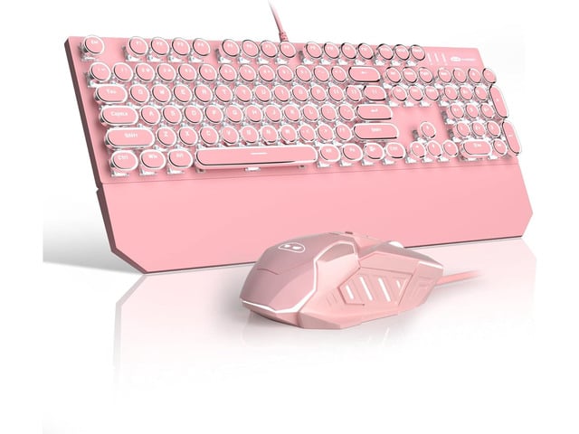 Retro Pink Typewriter-Style Keyboard and Mouse Combo, Cute Light Up Wired Mechanical Keyboard with Linear Red Switches, Full Size for Gaming, Work,...