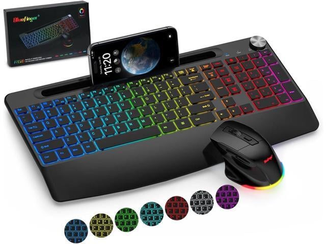 BlueFinger Wireless Keyboard and Mouse Combo Backlit, 2.4G Rechargeable Ergonomic Gaming Keyboard with Wrist Rest, Phone Holder, Volume Knob,...