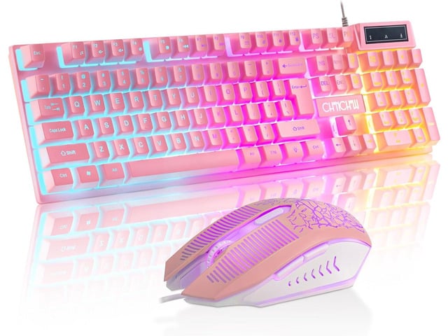 CHONCHOW Pink Gaming Keyboard and Mouse Combo with led, 104 Keys Wired Light Up Keyboard and Colorful Mouse for PC Laptop Computer PS4 Xbox, 19...