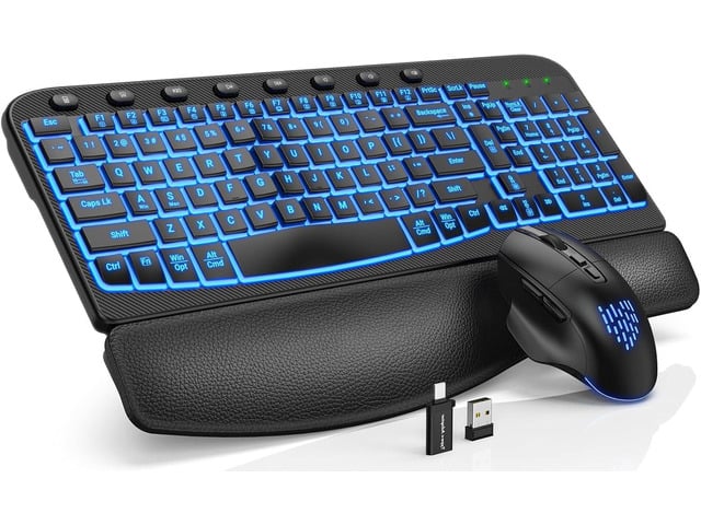 SABLUTE Ergonomic Wireless Keyboard and Mouse Combo - Wave Keyboard with Soft Leather Wrist Rest, Resistant Keys, RGB Backlit Rechargeable Set for...