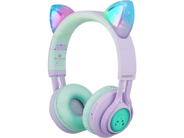 Riwbox Kids Wireless Headphones, CT-7S Cat Ear Bluetooth, 85dB Volume Limiting, LED Light Up Over Ear with Microphone for Laptop/PC/TV (Purple & Green