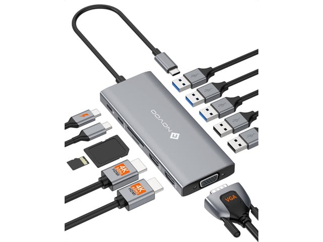 NOVOO USB C Docking Station, 12 in 1 Docking Station Dual Monitor with 2 HDMI, VGA, 5 USB Ports, 100W PD, USB-C Data, SD/TF Card Reader, Compatible...