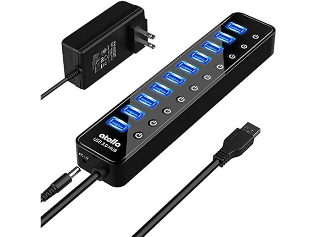 Powered USB 3.0 Hub, atolla 10 Ports USB Data Hub Splitter with Individual ON/Off Switches and 12V/2.5A Power Adapter USB Extension for Mouse,...