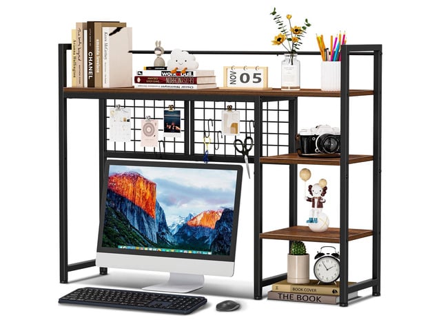 Desk Shelf, 38.6' Desktop Organizer Shelf, Desk Hutch for Computer Monitor, 4 Tier Desk Display Rack with Pegboard Hooks Set, Wood Desktop...