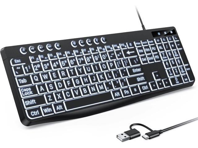 OMOTON Large Print Backlit Keyboard with Type-C and USB A Dual Interface, Wired Computer Keyboard Oversize Font Key with White Backlight Easier to...