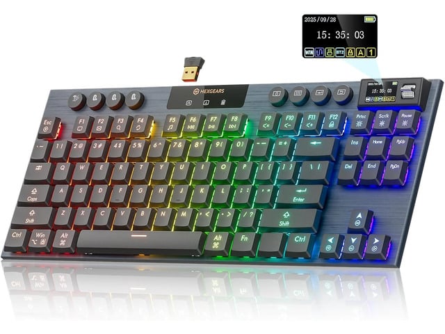 Hexgears Immersion A3 TKL Low-Profile Wireless Mechanical Keyboard, BT5.0/2.4GHz/USB-C Hot-Swappable Tactile Switches, RGB Backlit, Display Screen...