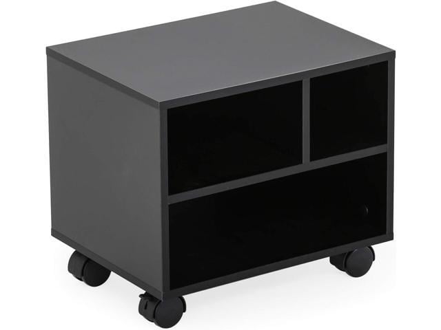 FITUEYES Mobile Printer Stand with Storage, Under Desk Black Wood Small Rolling Printer Table Work Cart with Wheels and 3 Compartment Organizer...