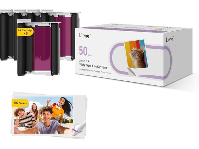 Liene Pearl N200 Pro Portable Photo Printer Photo Paper 50 Sheets & 5 Cartridges, Picture Printer Sticker Paper Adhesive, Waterproof, Smudge Proof,...
