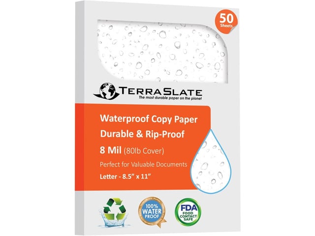 TerraSlate Premium Waterproof Laser Printer Copy Paper, 8.5' x 11', 8 Mil Rain, Weatherproof, 50 Sheets