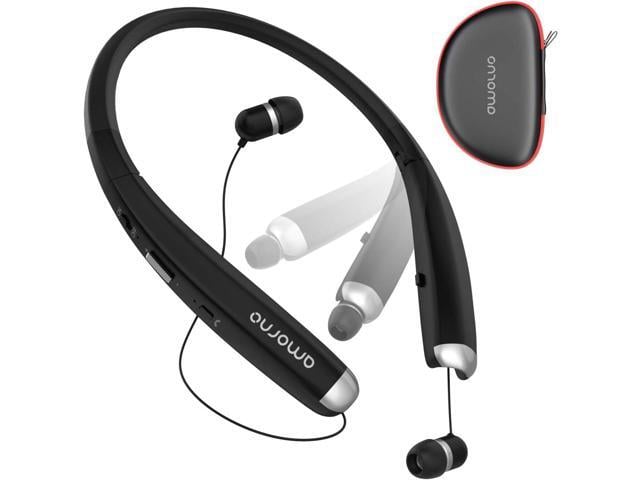 Foldable Bluetooth Headphones, Wireless Neckband Sports Headset with Retractable Earbuds, Sweatproof Noise Cancelling Stereo Earphones with Mic