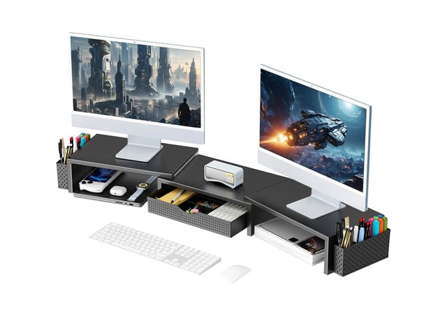 Dual Monitor Stand Riser With Drawer and 2 Pen Holders Desk Organizer and Accessories Computer Monitor Stand, Desk Shelf for Top of Desk (Black)