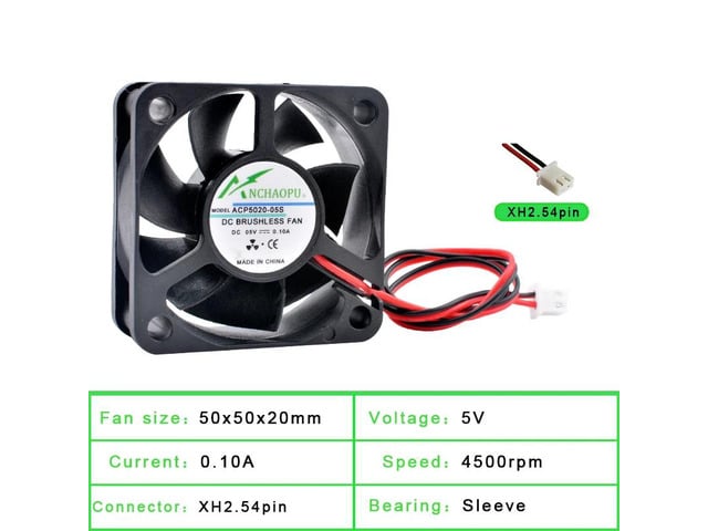 ACP5020 5cm 50mm Fan (50x50x20mm), DC5V, 2-pin sleeve cooling fan, suitable for power supplies, chargers, printers, and inverters.