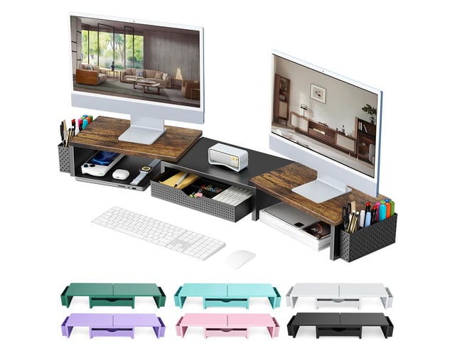 Dual Monitor Stand Riser With Drawer and 2 Pen Holders Wood Computer Monitor Stand Desk Organizer and Accessories Desk Shelf for Top of Desk (Wood)