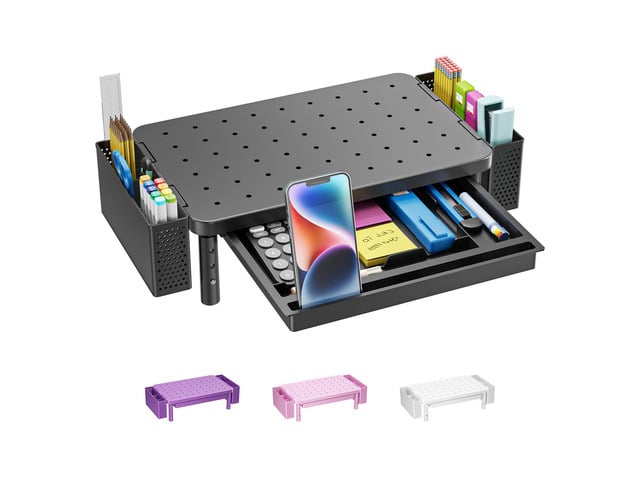 Desk Organizer with Drawer and Pen Holder, 2 Tier Computer Monitor Stand for Home Office Supplies, 3 Height Adjustable Laptop Stand Riser for...