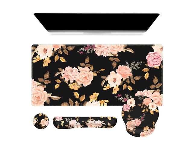 Floral 4in1 Computer Mat, 35.4'x15.7' Work Mat for Computer Retro Ergonomic Desk Pad Including Keyboard Wrist Rest, Mousepad Set for Teacher...