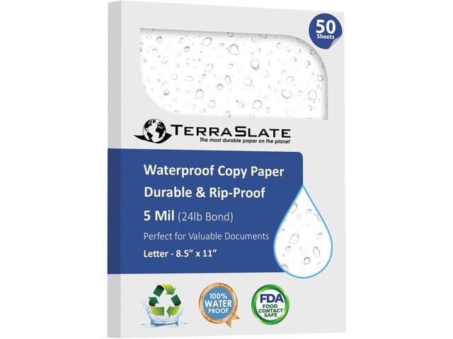 TerraSlate Waterproof Paper, 5 MIL 8.5 x 11, Laser Printer & Copy Machine Compatible, Durable & Rain/Weather-Proof Copy Paper, White (50 Sheets)
