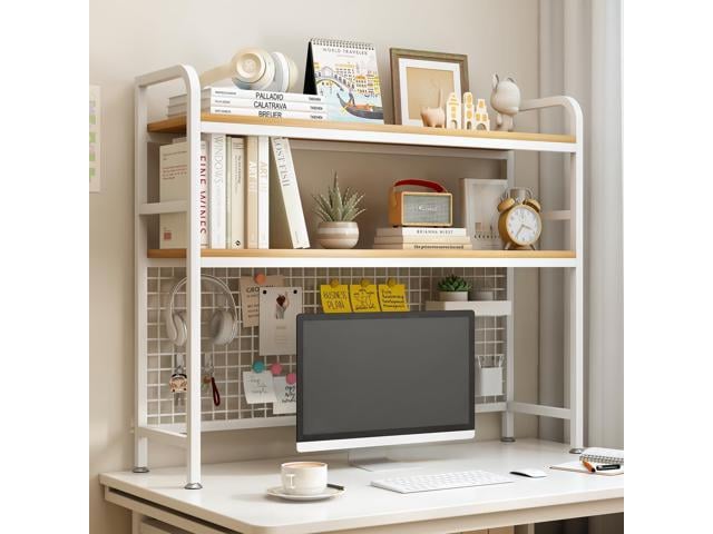 2-Tier Desktop Hutch Bookshelf, Metal Desk Shelf, White, 45.3' W Steel Frame, 2 MDF Shelves, Grid Panel with 5 Hooks, Fits Over Monitors Up to 27'...
