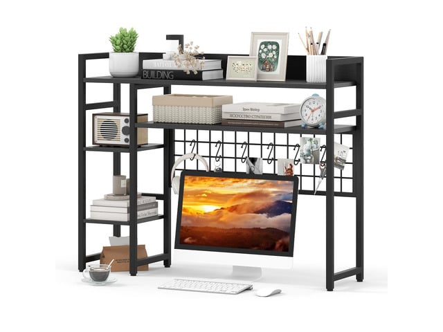 Desktop Bookshelf for Computer Monitor Up to 32, Countertop Storage Hutch with 4 Open Shelves, Grid Panel, 6 Hooks, Anti-tip Device, 4-Tier Desktop...