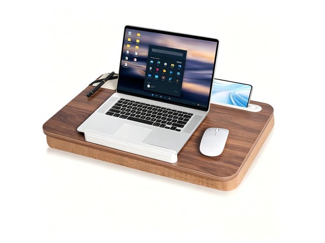 Wooden Lap Desk with Handle, Natural Wood Grain Finish, Portable Laptop Table with pohone Slots