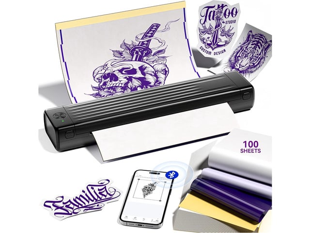 Tattoo Stencil Printer Kit with 100 Pcs Transfer Paper, Bluetooth Wireless Tattoo Machine for Beginners & Artists, Use with Tattoo Gun,...