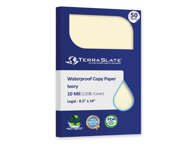 Waterproof Paper, Rip-Proof Colored Paper, Ivory, 50 Sheets, 10 Mil (120 lb Cover), 8.5 x 14, Laser Printer and Copy Machine Compatible