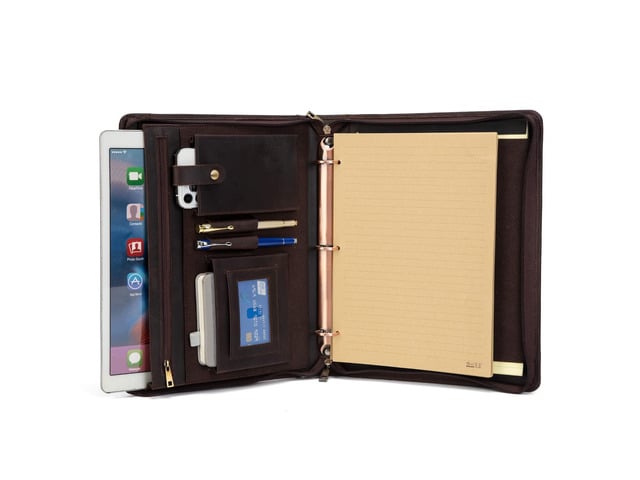 Handmade Leather Portfolio 3 Ring Binder with Front Pocket Padfolio for 13.3 Laptop and 8.5 x 11' Notepad, Professional Business Travel Organizer...