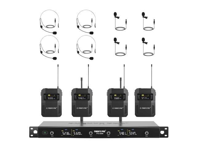 4-Ch UHF Headset/Lapel Wireless Microphone System PTU-5200-4B 4 Bodypacks, 4 x 25 Frequencies, 200 ft Range, Hands-Free Vocals, Stage...