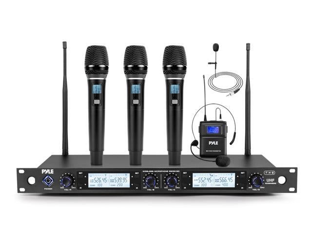4 Channel UHF Wireless Microphone System with 3 Handheld Mics, Lavalier & Headset Mic, 300 Ft Range, Selectable Frequencies & Rack Mount Receiver...