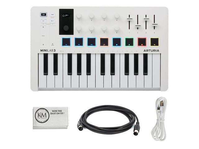 MiniLab 3 Compact MIDI Keyboard and Pad Controller White Bundle with 6ft MIDI Cable + Microfiber Cleaning Cloth (3 Item)