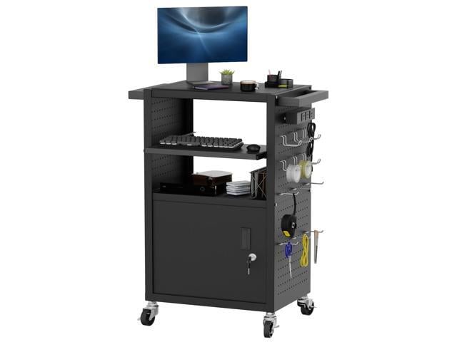 Heavy Duty AV Cart Rolling Computer Cart with Pullout Keyboard Tray Locking Cabinets, Built-in Outlet, 440lbs Capacity, Pegboard Storage & Hooks,...