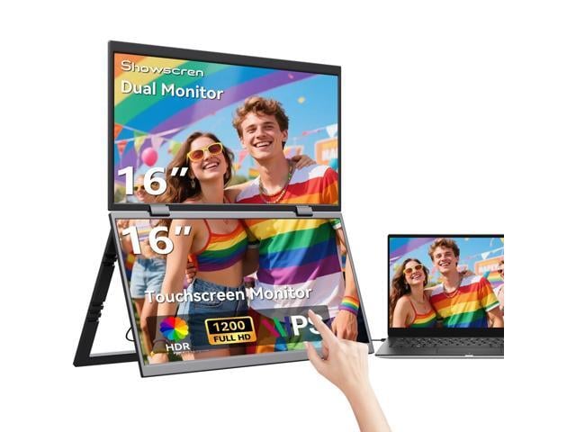 16 Inch Dual Touchscreen Portable Monitor, Laptop Screen Extender, 1920×1200 IPS 99% sRGB, USB-C & HDMI Plug & Play for Mac Windows Office Gaming Trav