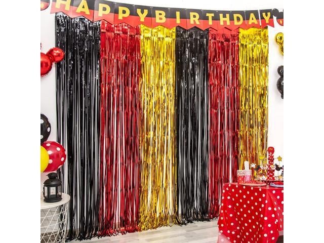 Cartoon Mouse Foil Fringe Curtains, 3Pcs Mouse Birthday Party Decorations Black Red Gold Birthday Party Backdrop, 3.3x6.6 ft Cute Mouse Photo...