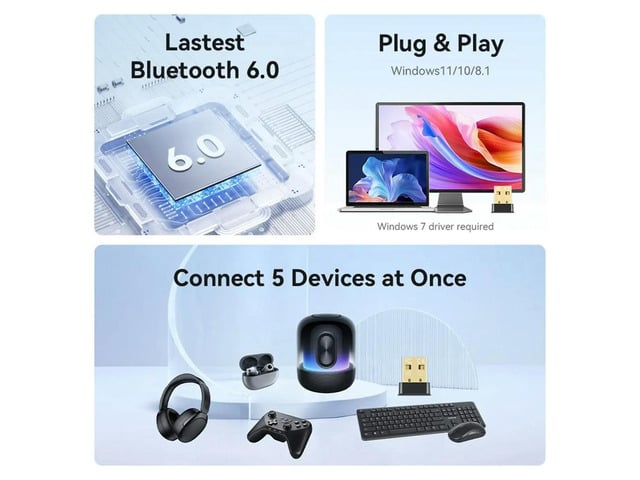 USB Bluetooth Adapter Bluetooth 6.0 Dongle for PC USB Bluetooth Transmitter Receiver for Keyboard/Mouse