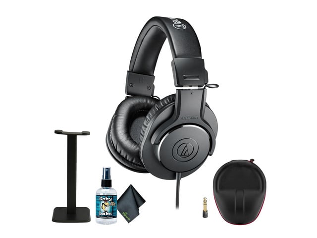 ATH-M20x Professional Studio Monitor Headphones, Black (AUD ATHM20X) + Microfiber Cleaning Cloth + Headphone Stand + Headphone CASE + Goby Labs...