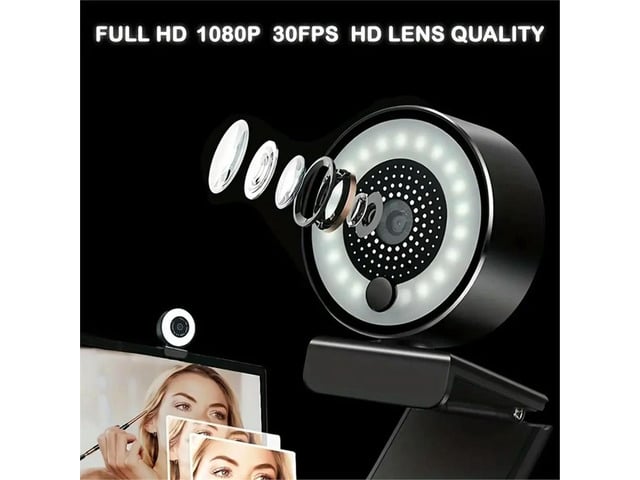 1080P FHD USB Webcam with Ring Light, Fixed Focus, 360° Rotation, Plug & Play for Streaming, Video Calls