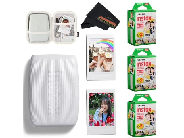 INSTAX Mini Link 3 Smartphone Printer with INSTAX Mini Instant Film and Sunshine Microfiber Cleaning Cloth.(3 Twin Pack (60 Sheets), Clay White)