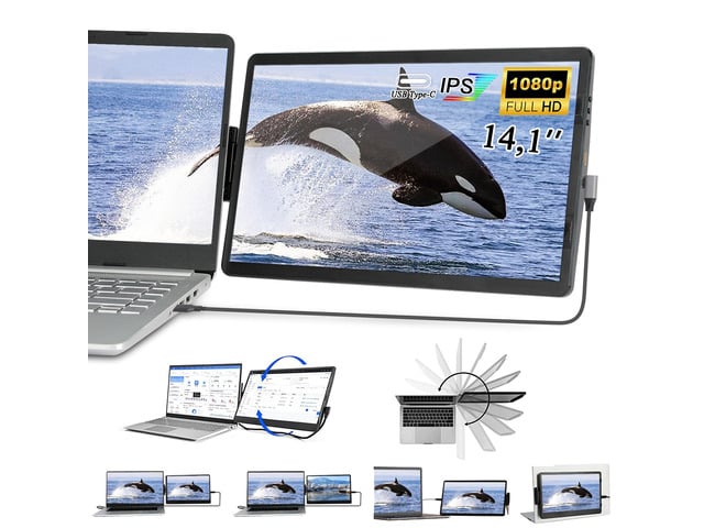 14.1'' Laptop Screen Extender, FHD IPS Portable Monitor, 360° Rotatable Dual Monitor for Laptop, Extender Connected with Type-c/hdmi, Support...