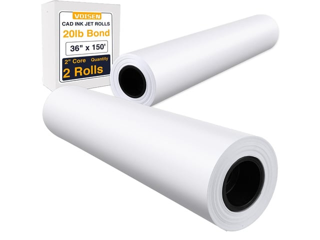 Wide Format Paper, 2 Rolls Plotter Paper 36 In x 150 Ft 20lb CAD Bond Rolls, Bond Paper on 2' Core for CAD Printing on Wide Format Ink Jet Printers